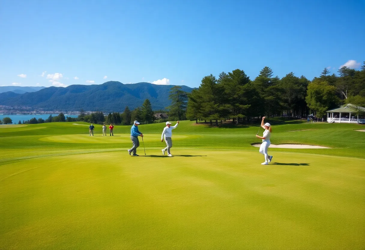 Golf players celebrating a hole-in-one on a sunny day at a stunning golf course.