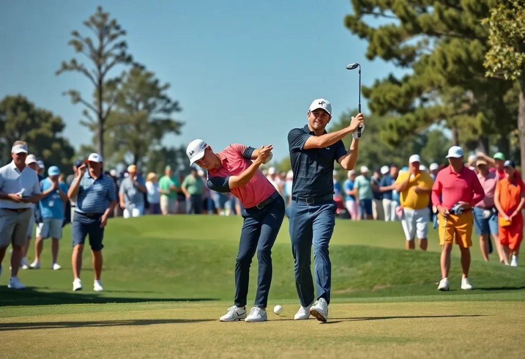 Golf players competing in a vibrant tournament environment