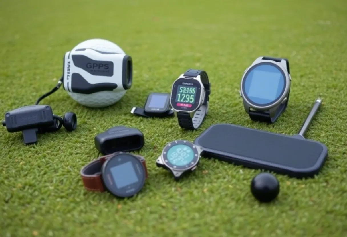 Various golf gadgets showcased on a golf course
