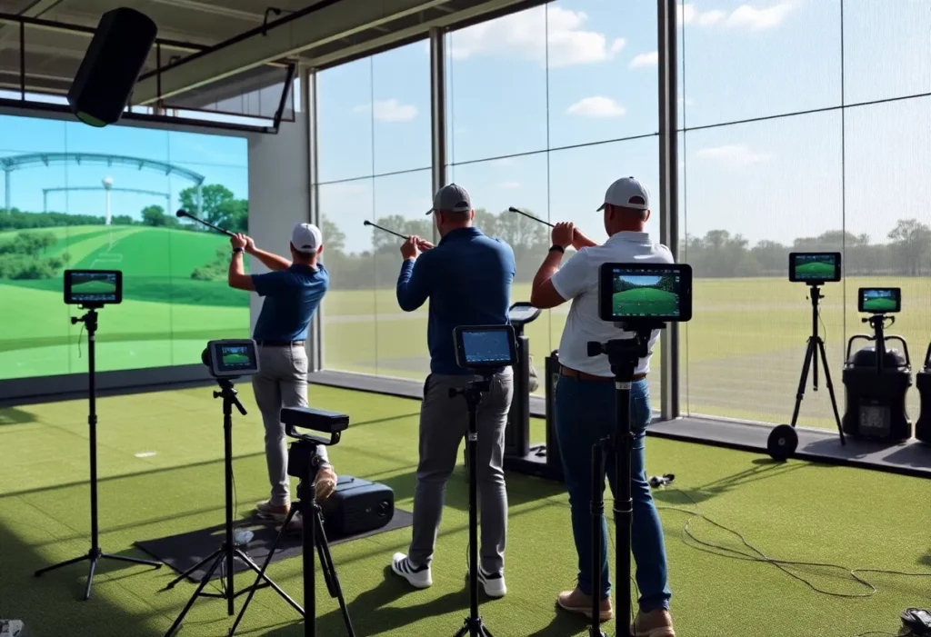 Golfers practicing with launch monitors on a driving range