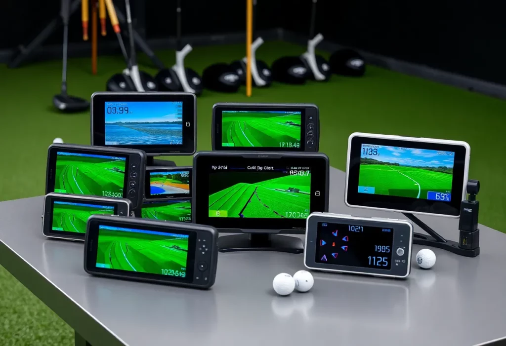 Range of golf launch monitors with clubs and golf balls
