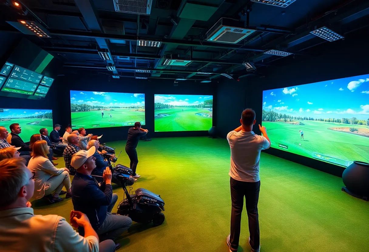 Golfers competing in a high-tech simulator environment with spectators.