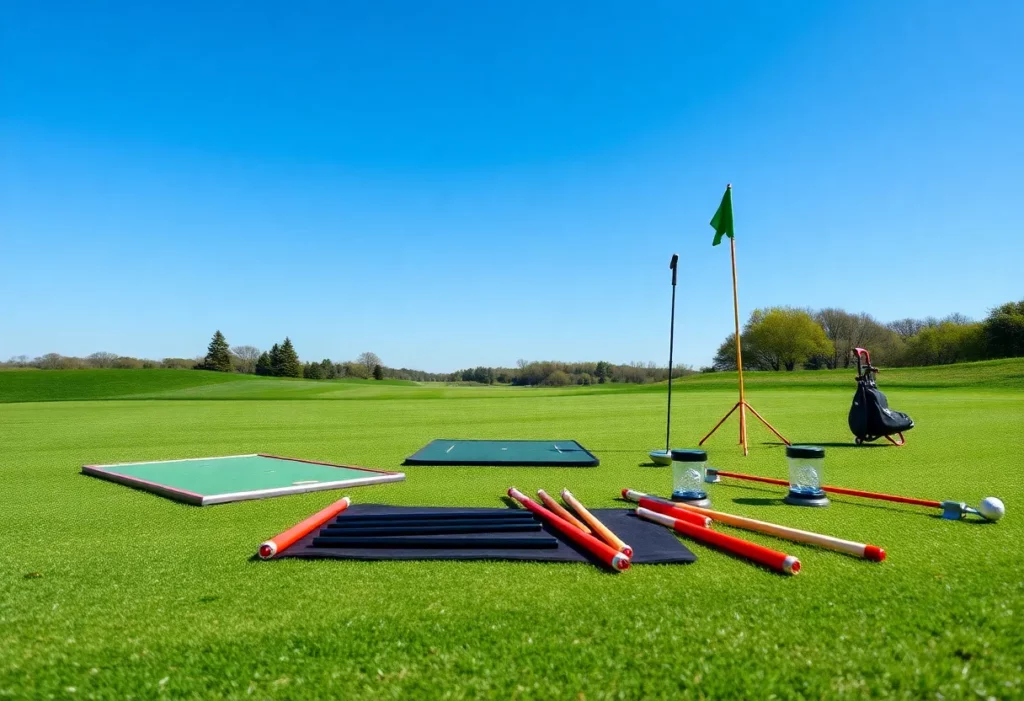 Different golf training aids on a golf course