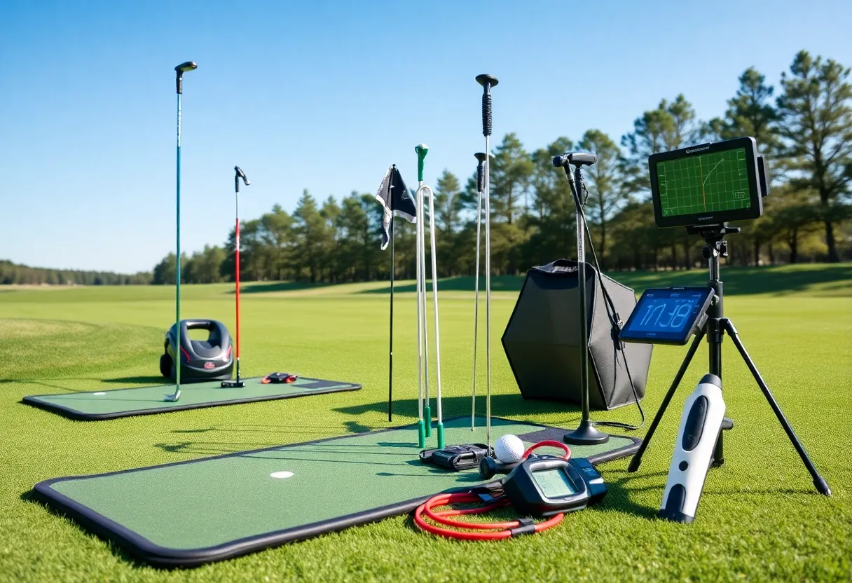 Variety of golf training aids on a golf course