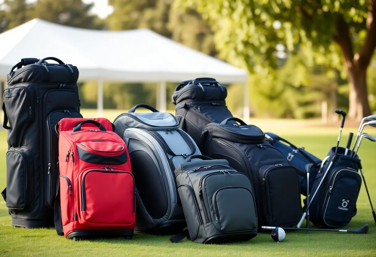 Various golf travel bags in different styles and colors with golf clubs