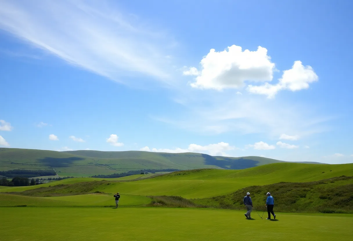 An expansive view of a sunny Irish golf course with players on the fairway.