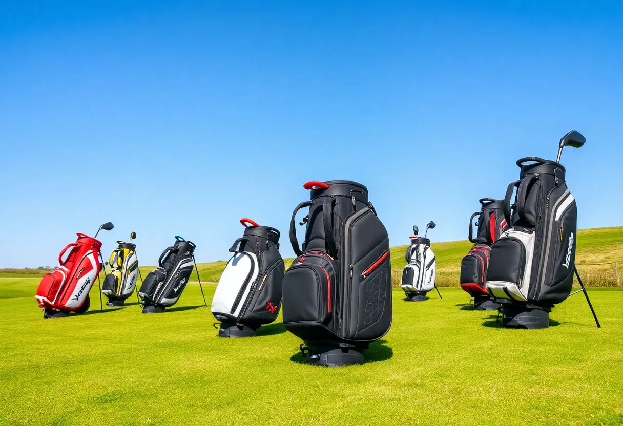 A variety of colorful lightweight golf bags on a golf course