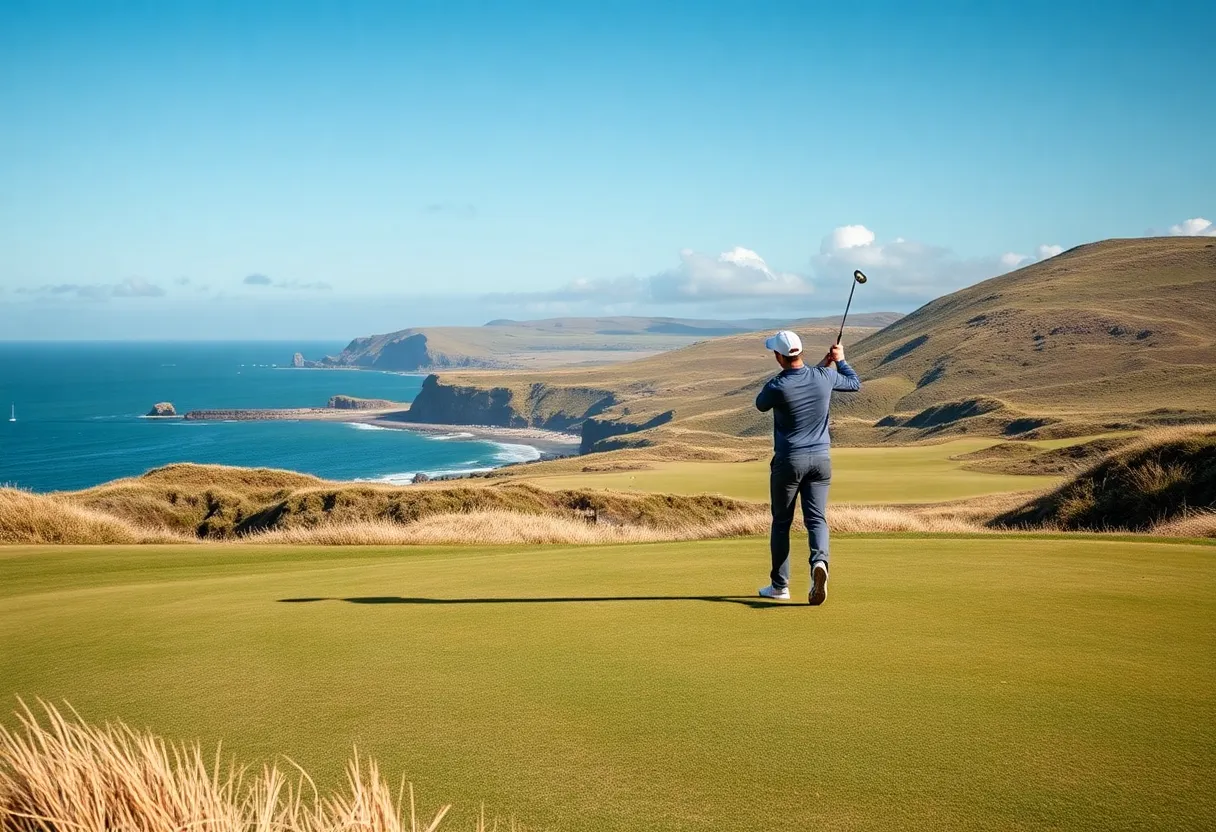 A golfer playing on a links golf course with dunes and coastal scenery.
