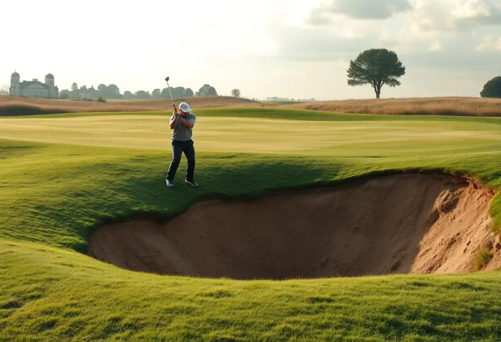 Golf course with a deep bunker and a player struggling to escape.