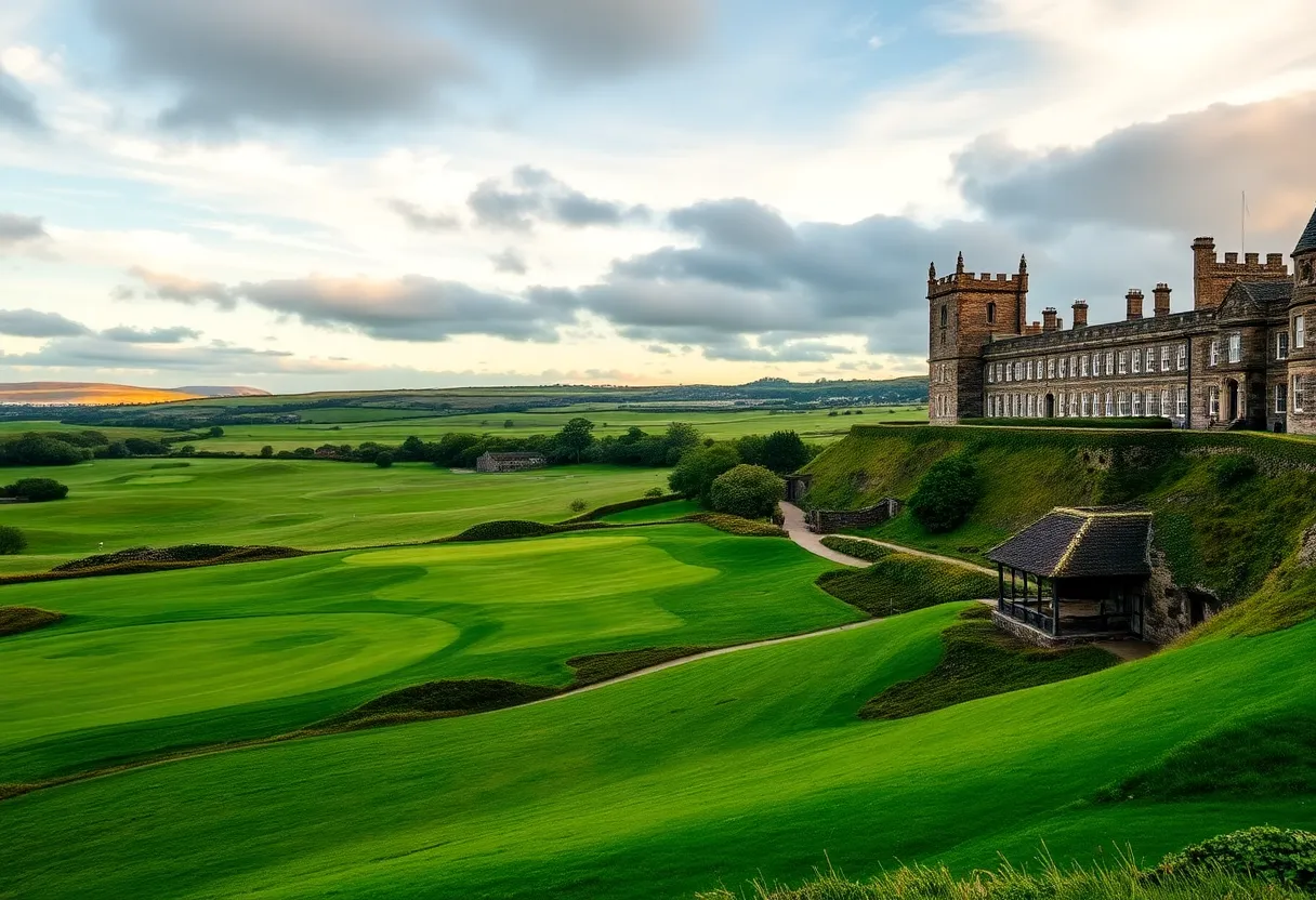 The Old Course at St Andrews with green fairways and blue sky