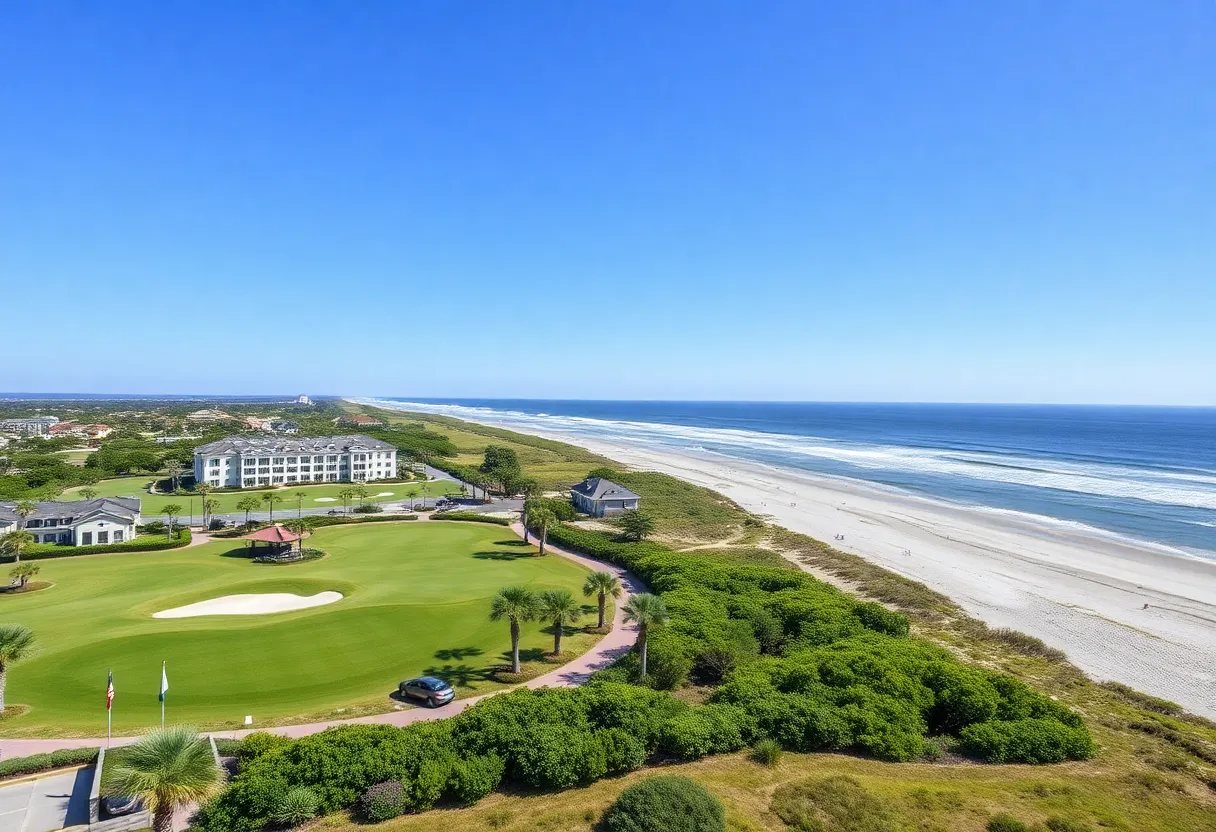 Aerial view of Palmetto Dunes Oceanfront Resort with golf courses and coastline