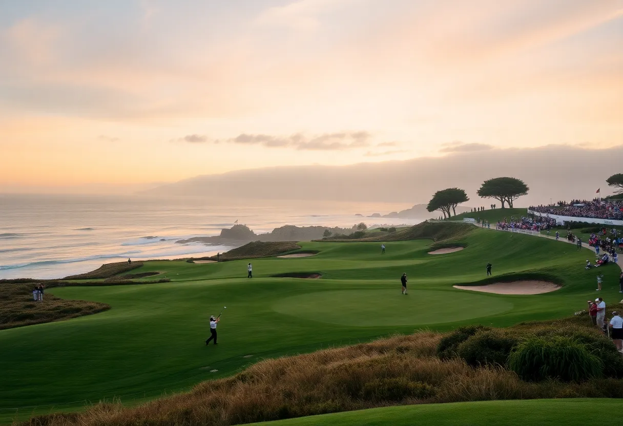 A picturesque landscape of Pebble Beach during a golf tournament