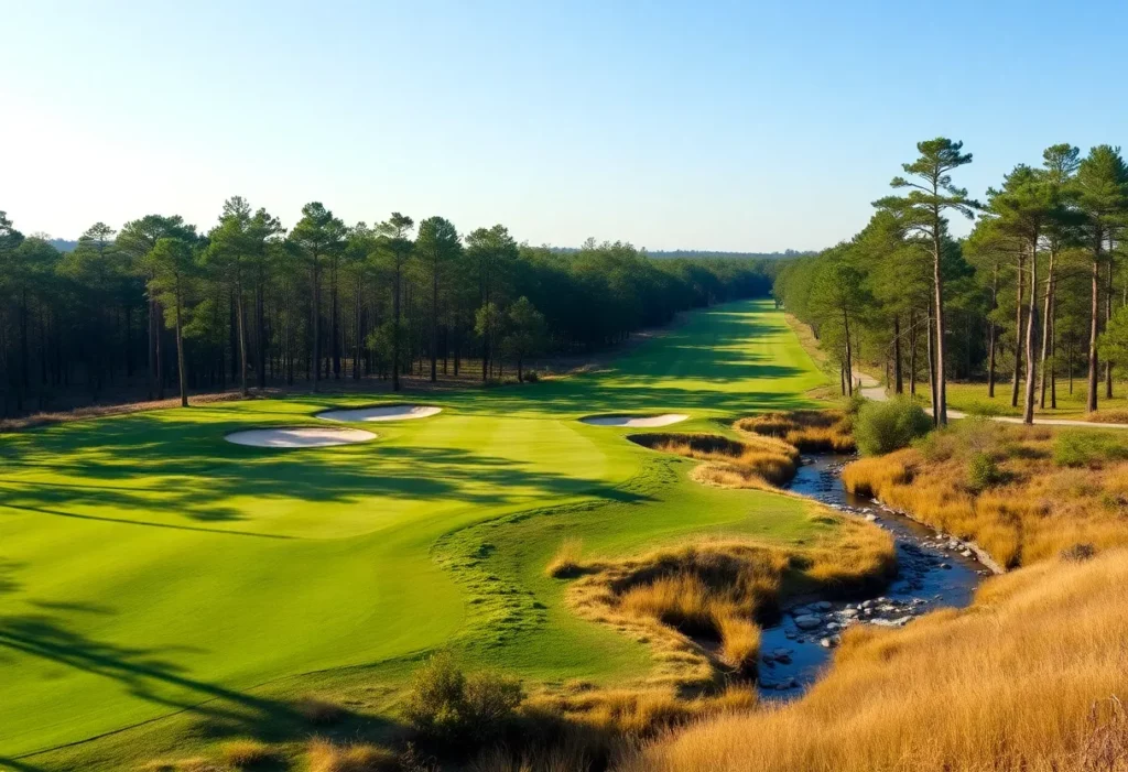 Aerial view of Pinehurst No. 10, showcasing the unique golf layout and natural beauty.