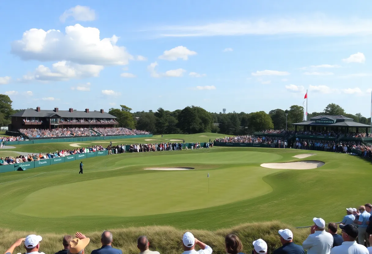 A scenic view of a historic golf course filled with spectators.