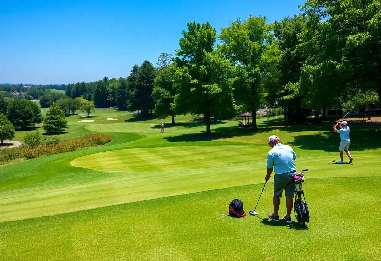 A stunning view of a public golf course with golfers on the green.