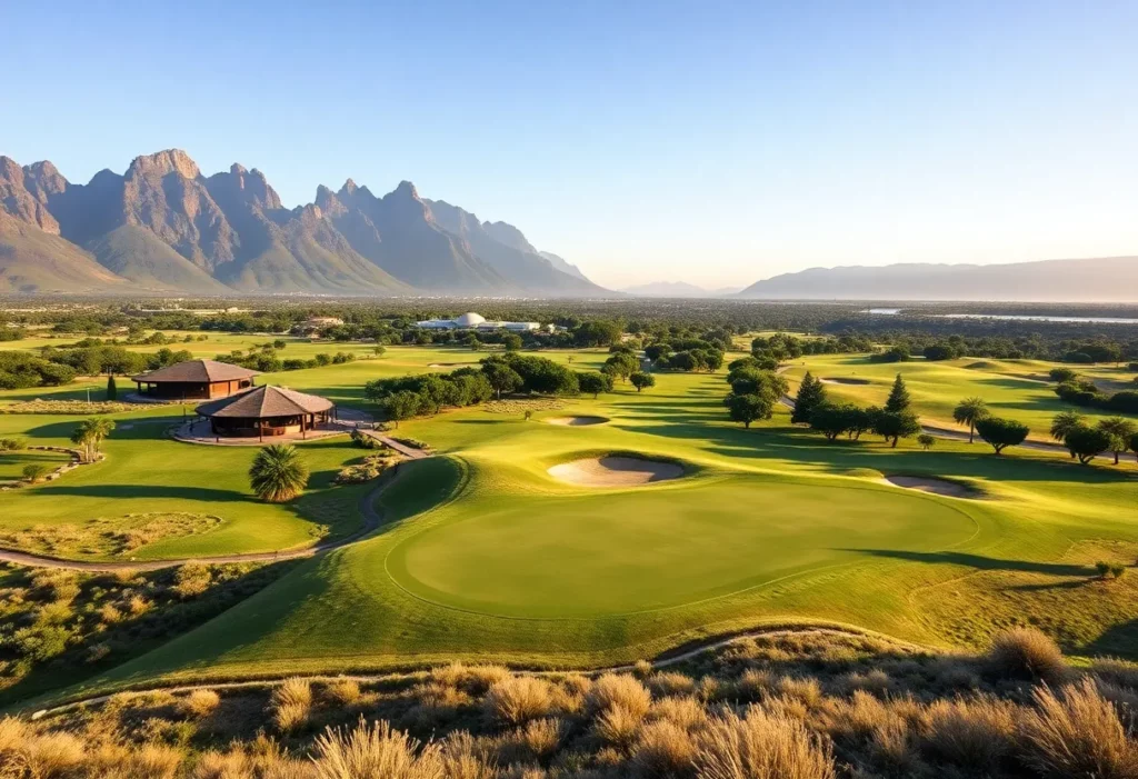 Scenic view of a South African golf course with mountains in the background