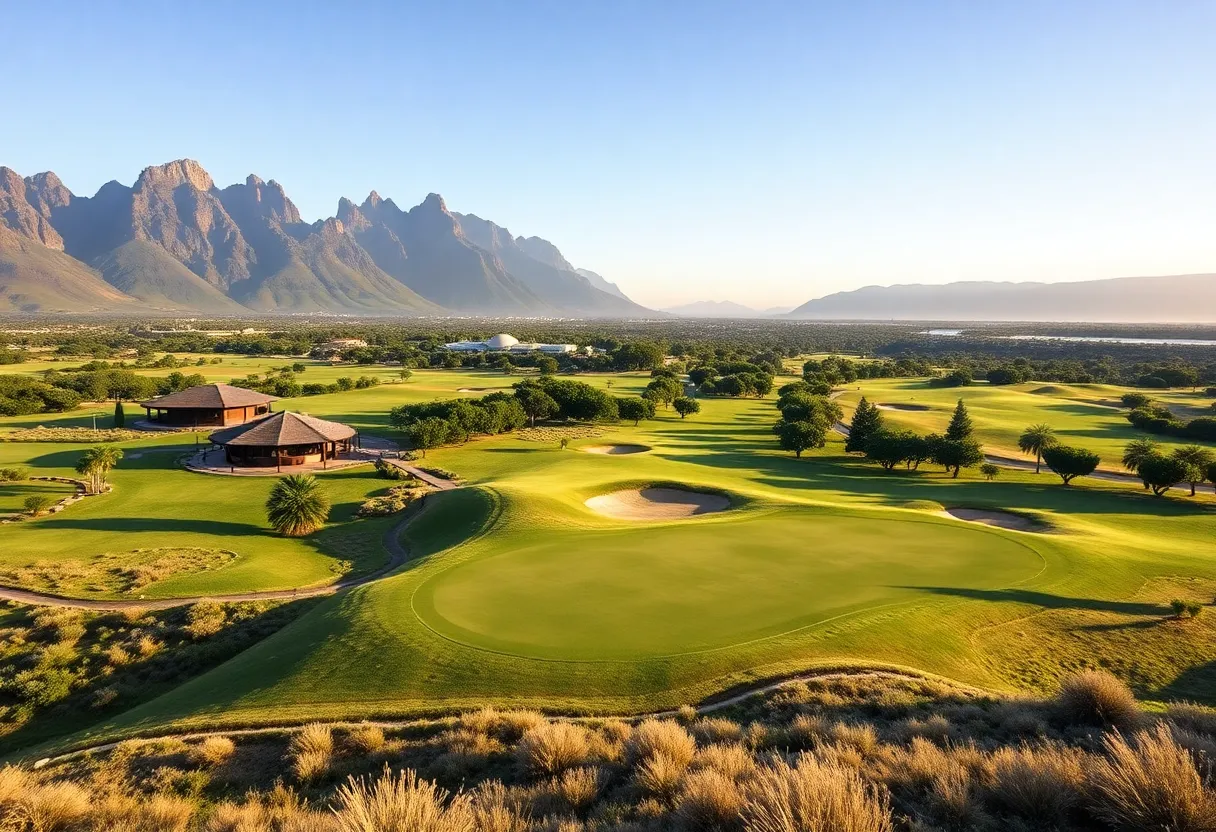 Scenic view of a South African golf course with mountains in the background
