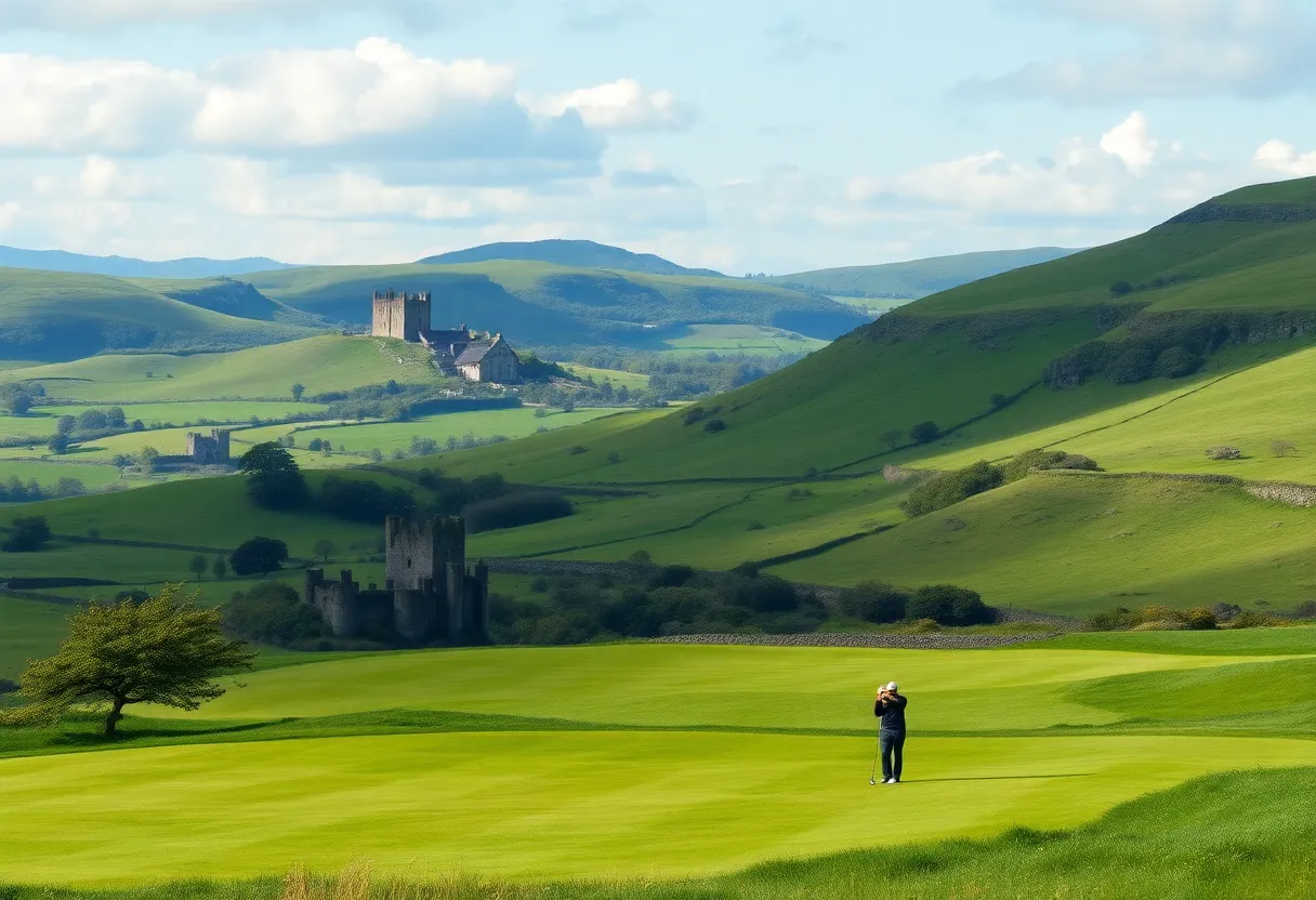 Golfers playing on a scenic Irish golf course with green hills.