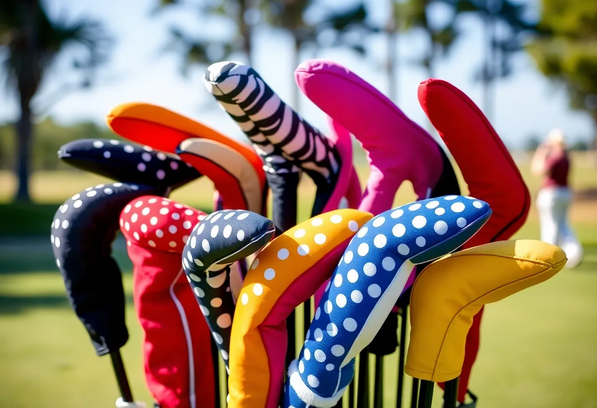 A variety of stylish golf headcovers displayed outdoors