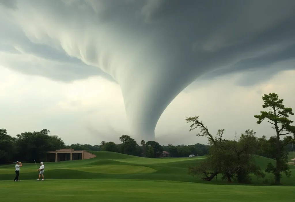 Tornado approaching Payne's Valley Golf Course with golfers taking cover.