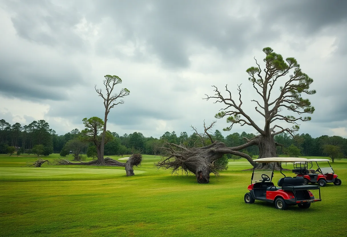 Tornado causing chaos at Payne's Valley Golf Course with overturned carts and uprooted trees.