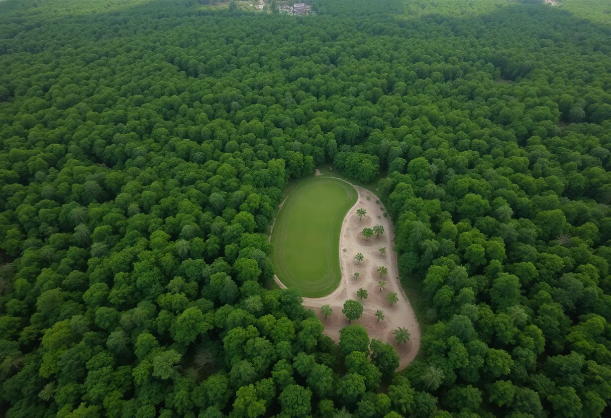 Aerial view of Withlacoochee State Forest showing vibrant greenery and barren land.
