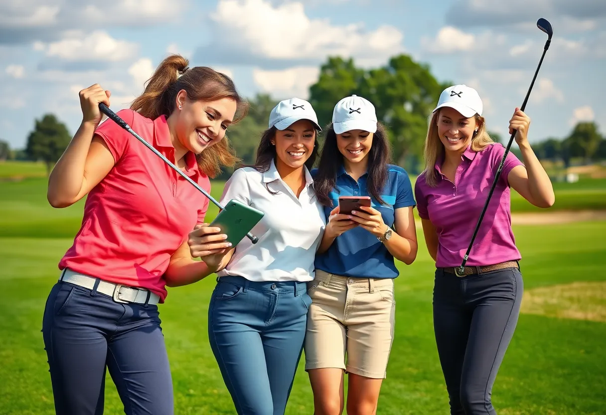 Female golfers interacting with digital devices on a golf course