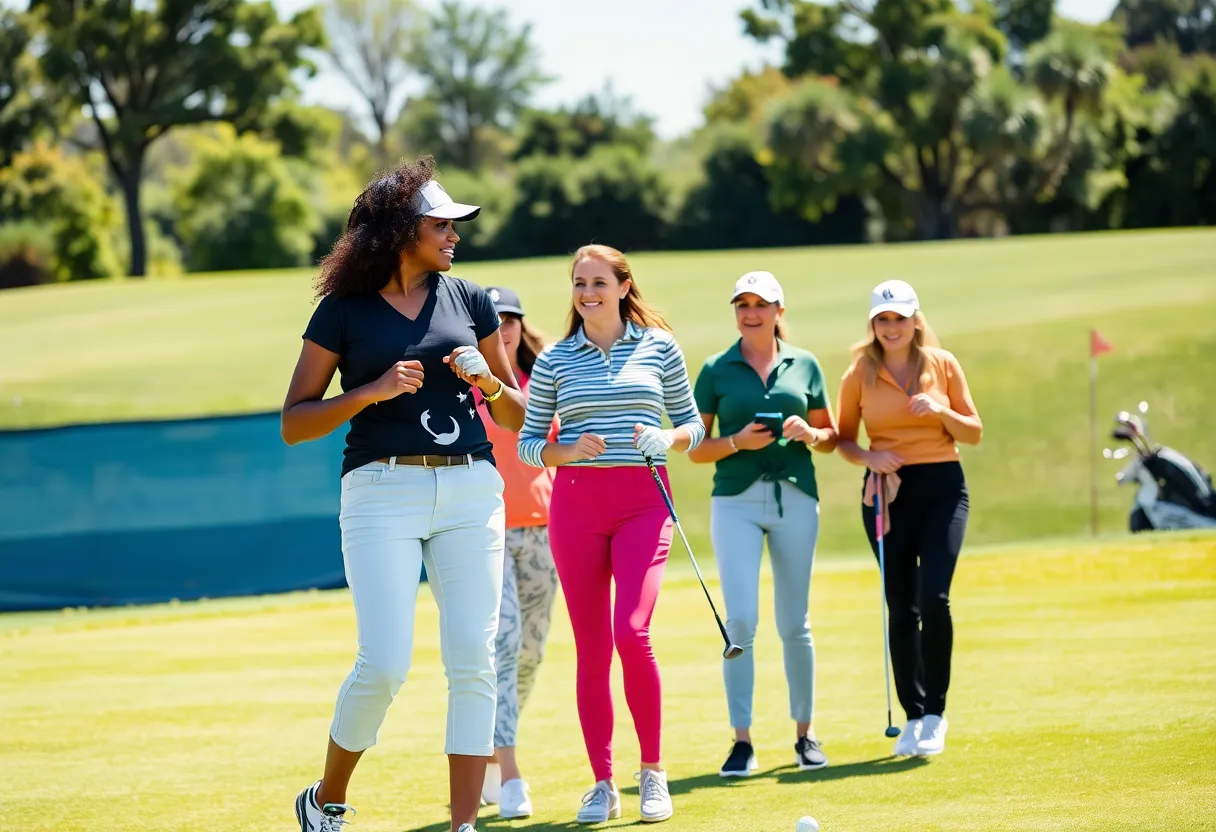 Women celebrating on a golf course during Women's Golf Day event