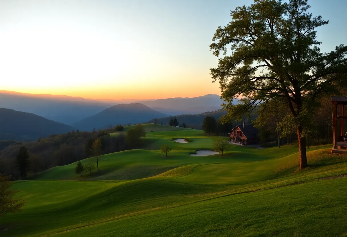 View of the renovated Beacon Hill Golf Course surrounded by Blue Ridge Mountains