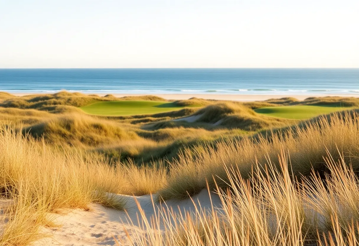 Coastal view of Coul Links with sand dunes and grasses.