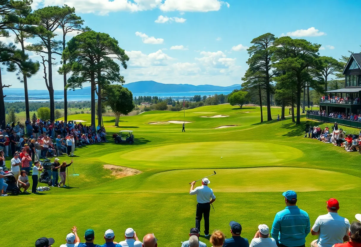 Golf tournament scene featuring players and spectators