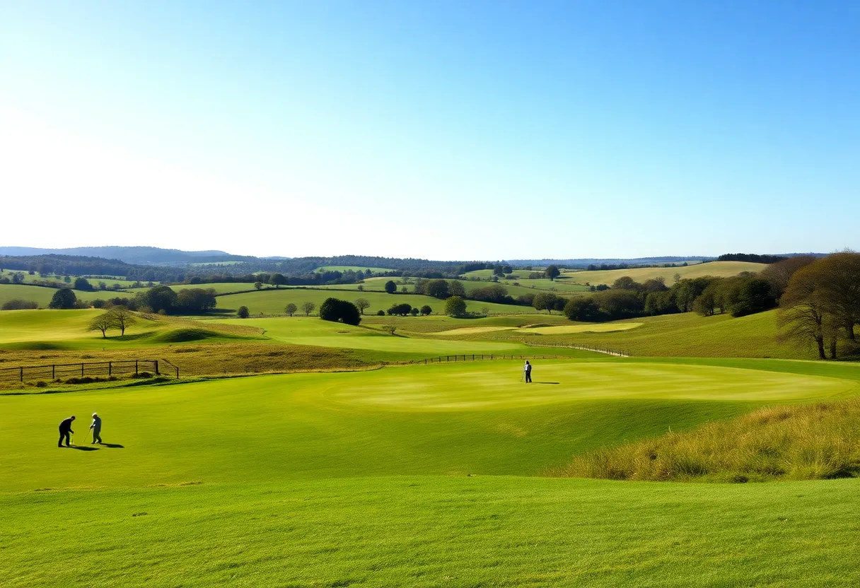 A golfer playing on a vast green golf course in England