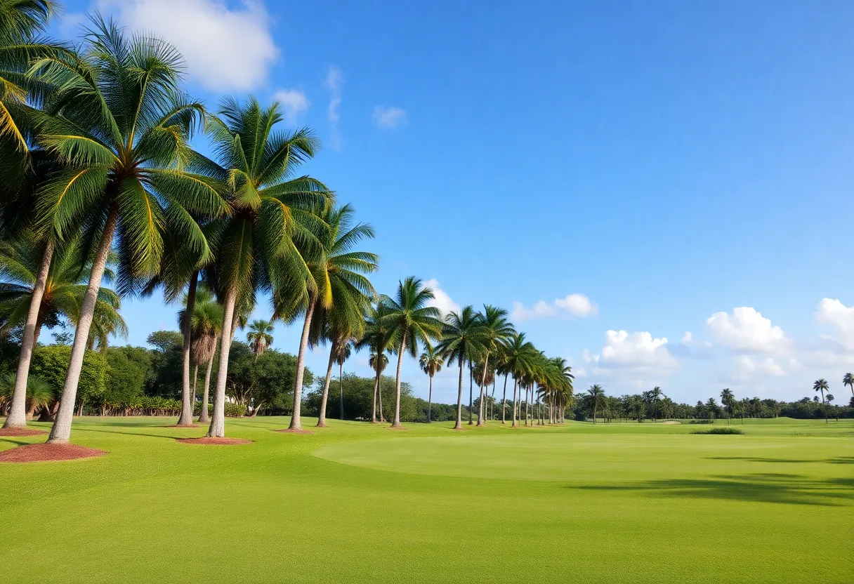 Lush Florida golf course with palm trees and blue skies