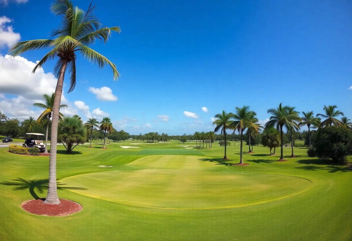 A scenic Florida golf course with lush greens and sunny skies.