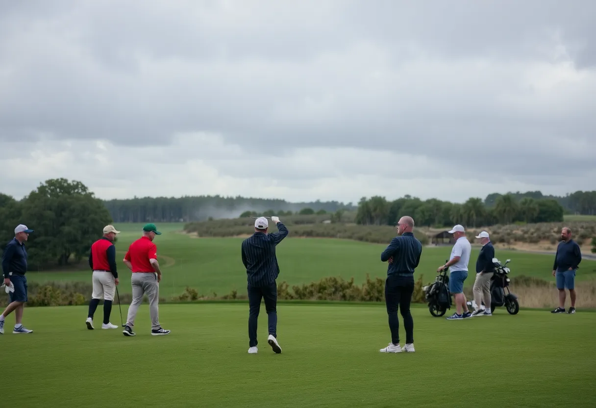 Golfers engaging in a 24-hour challenge in rainy weather at Lofoten Links