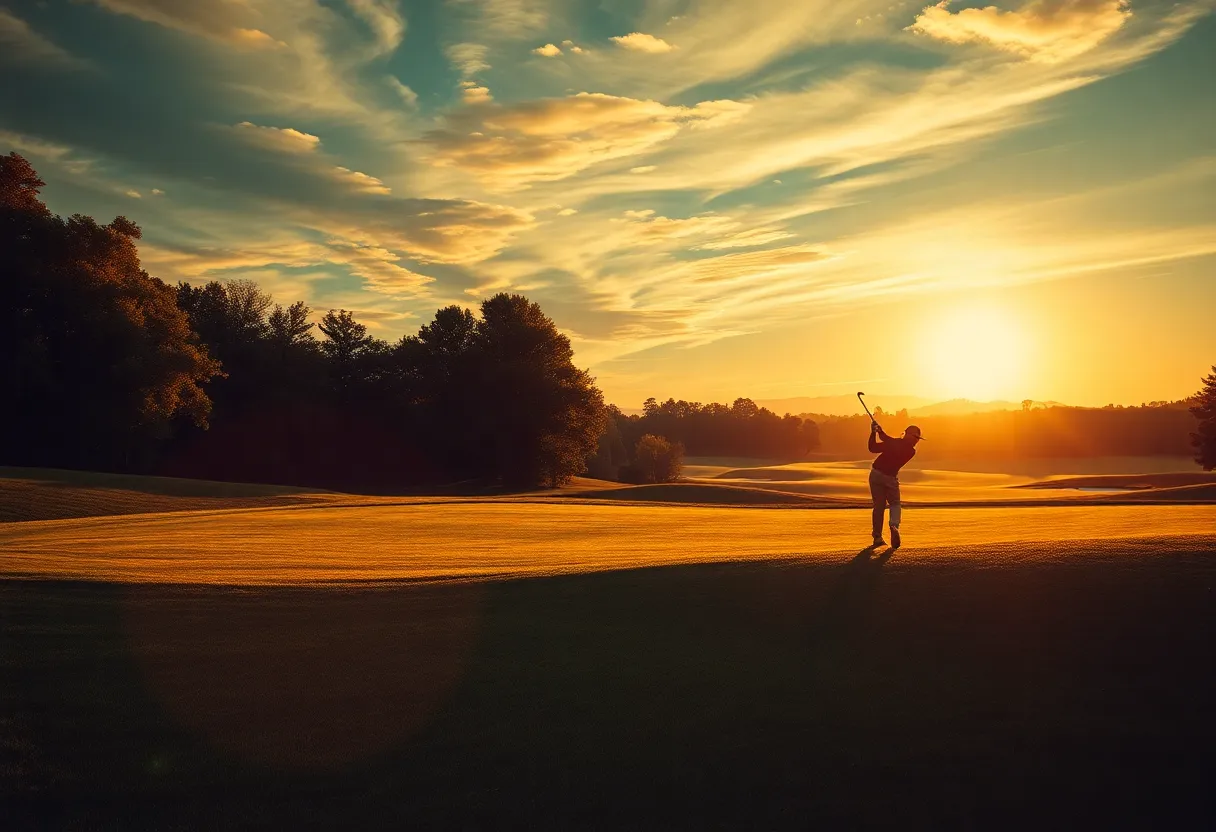 A picturesque golf course with lush greens and a player in action during sunset.