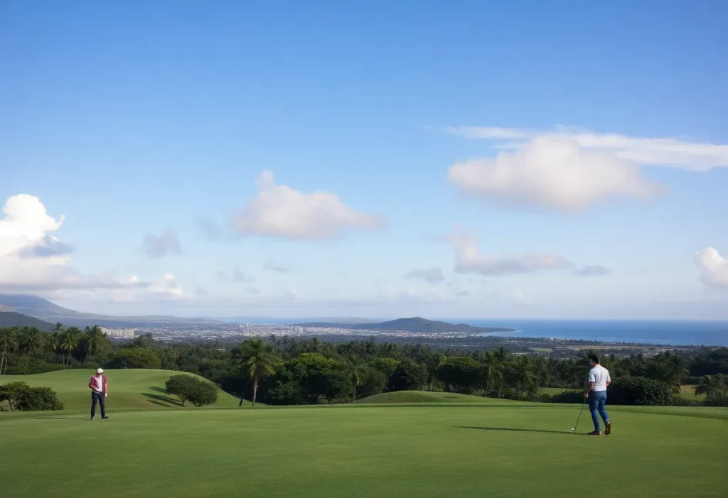 A vibrant golf course with attractive scenery and happy golfers.