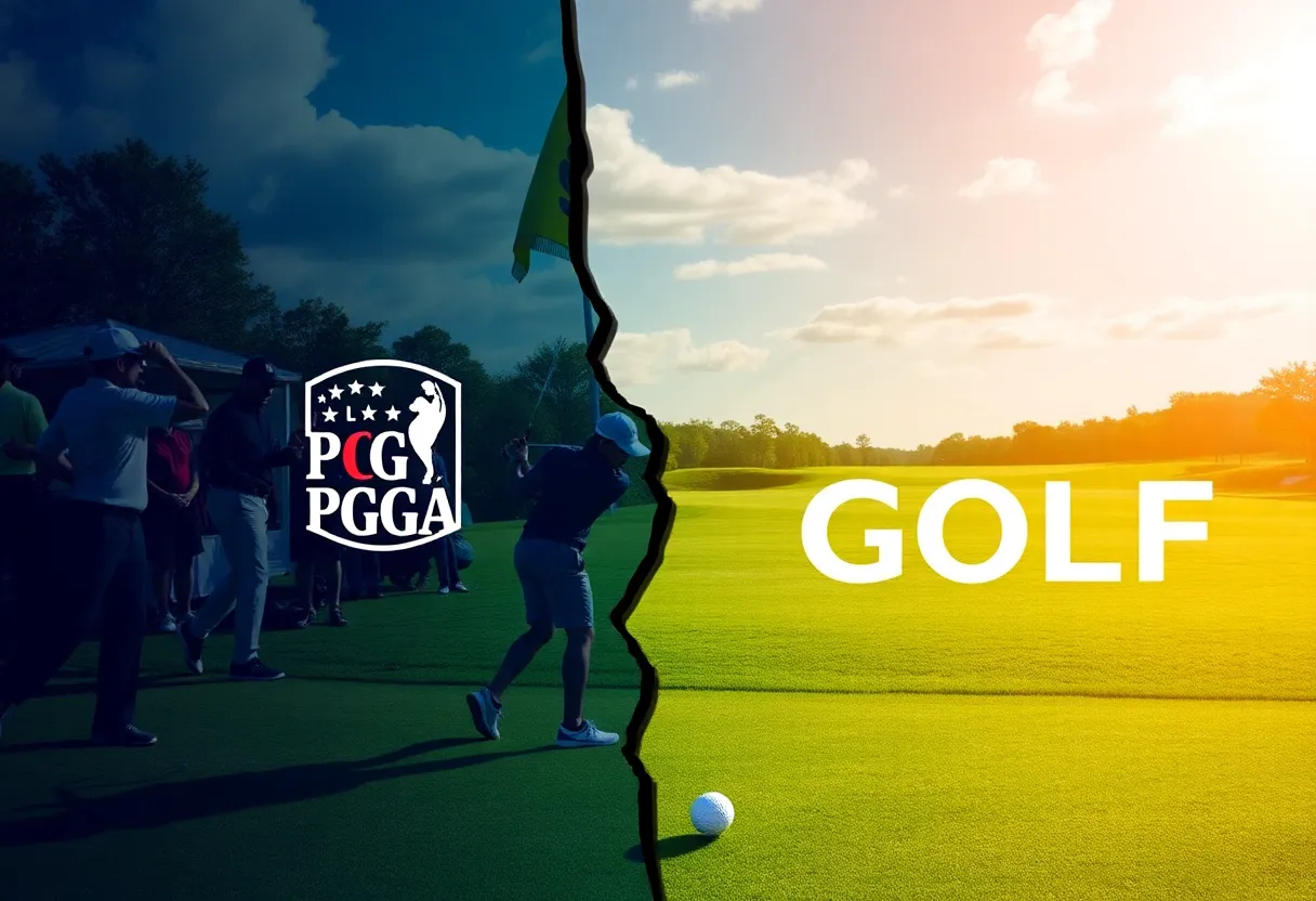 A picturesque golf course symbolizing the divisions in professional golf.