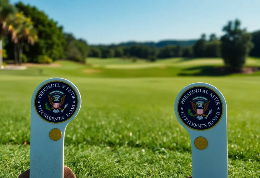 Tee markers with the Presidential Seal on a golf course