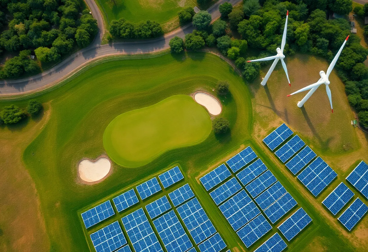 Aerial view of a golf course alongside solar panels and wind turbines.