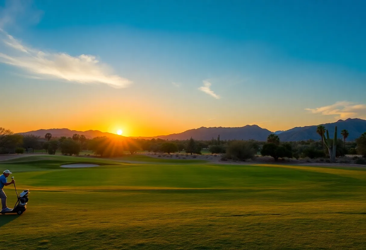 Golfers playing on a desert course at sunset