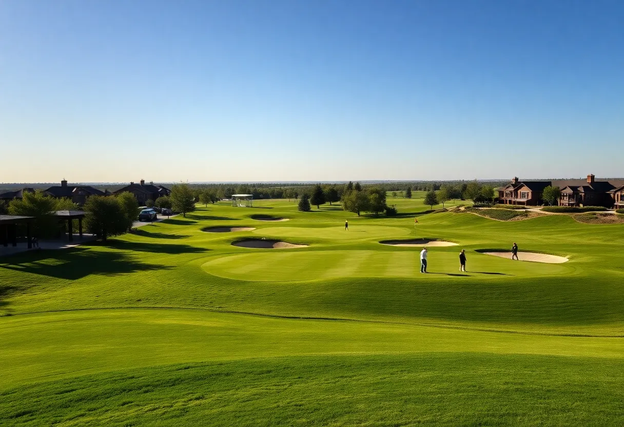 Golfers playing on a beautiful green course at a luxury resort in the USA.
