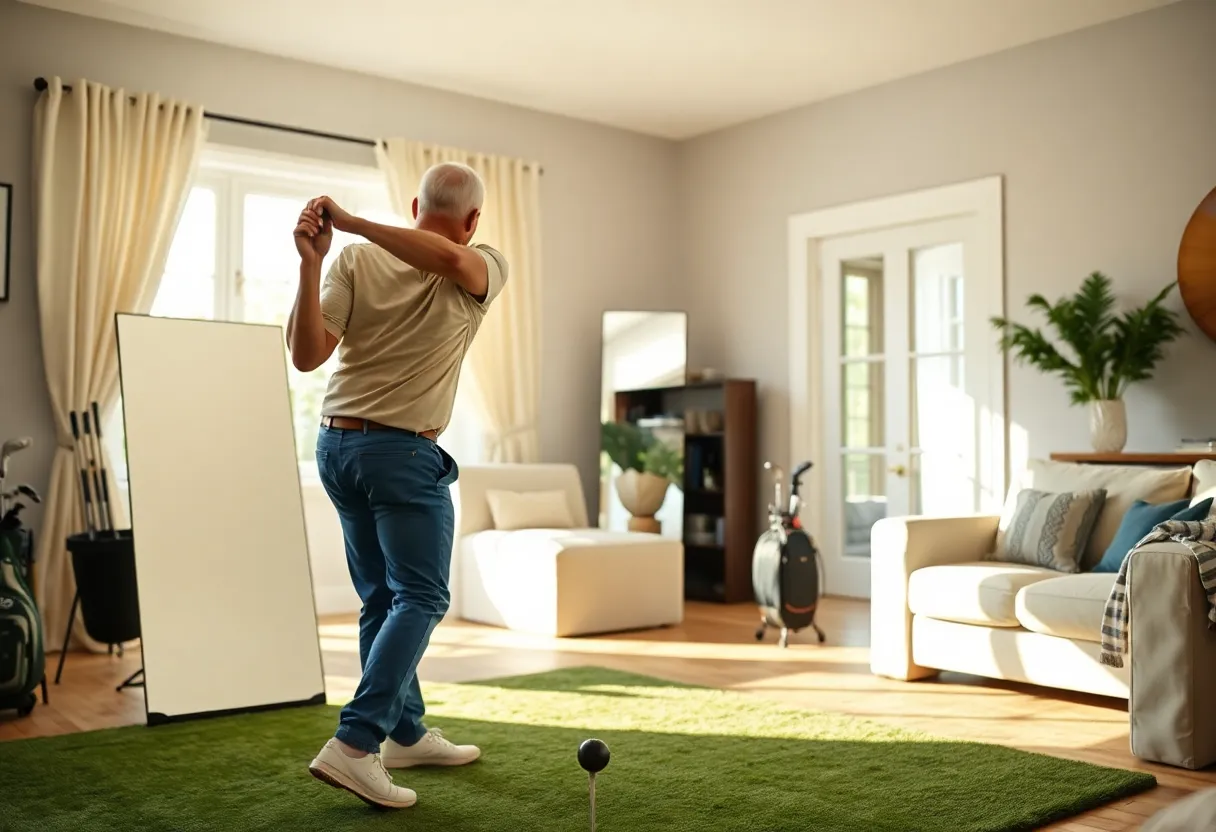 A golfer practicing their swing at home using a mirror.