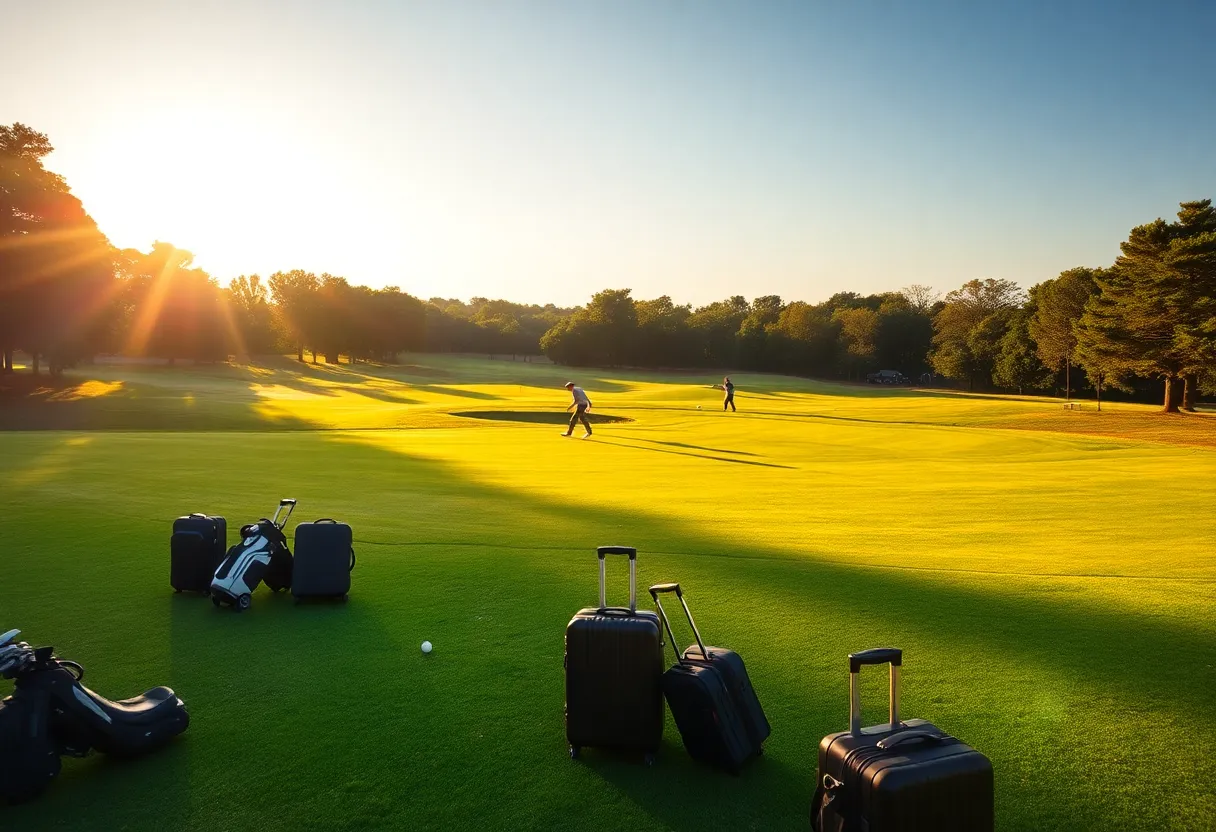Golfers on a scenic golf course with travel accessories