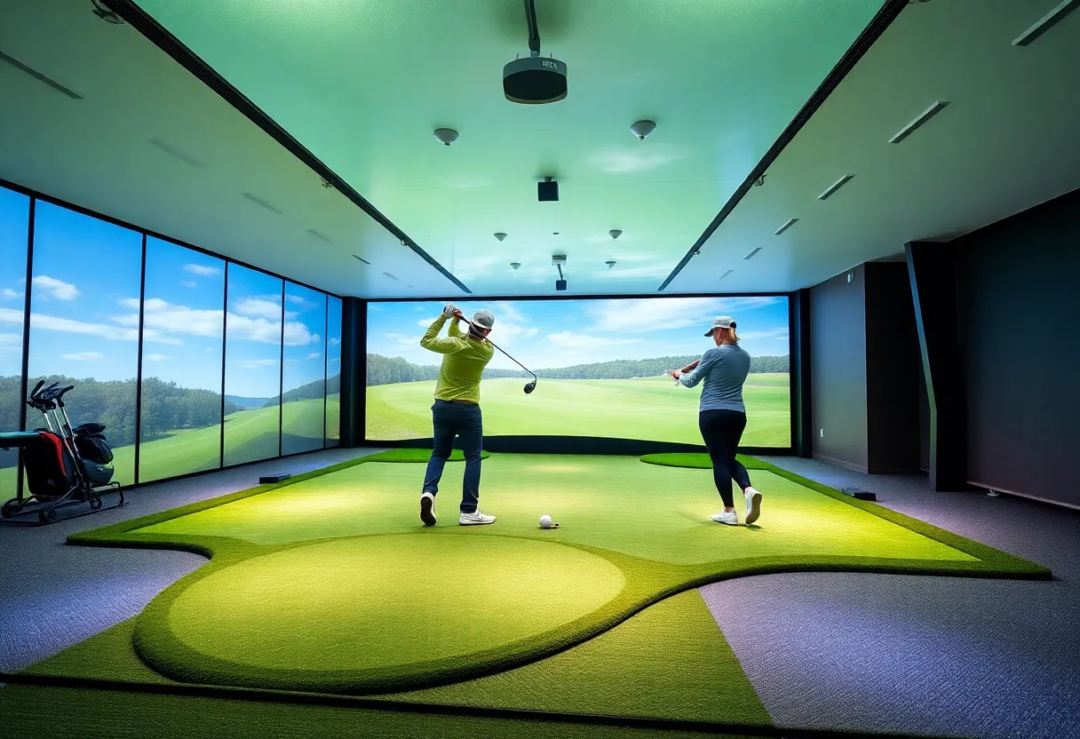 Golfers practicing on a TrueSlope training platform in an indoor facility.