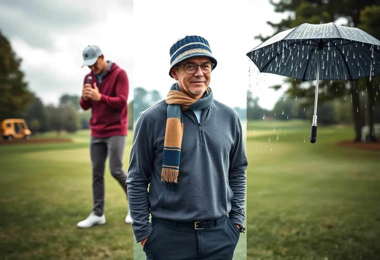 Golfer adapting to various weather conditions while playing golf.