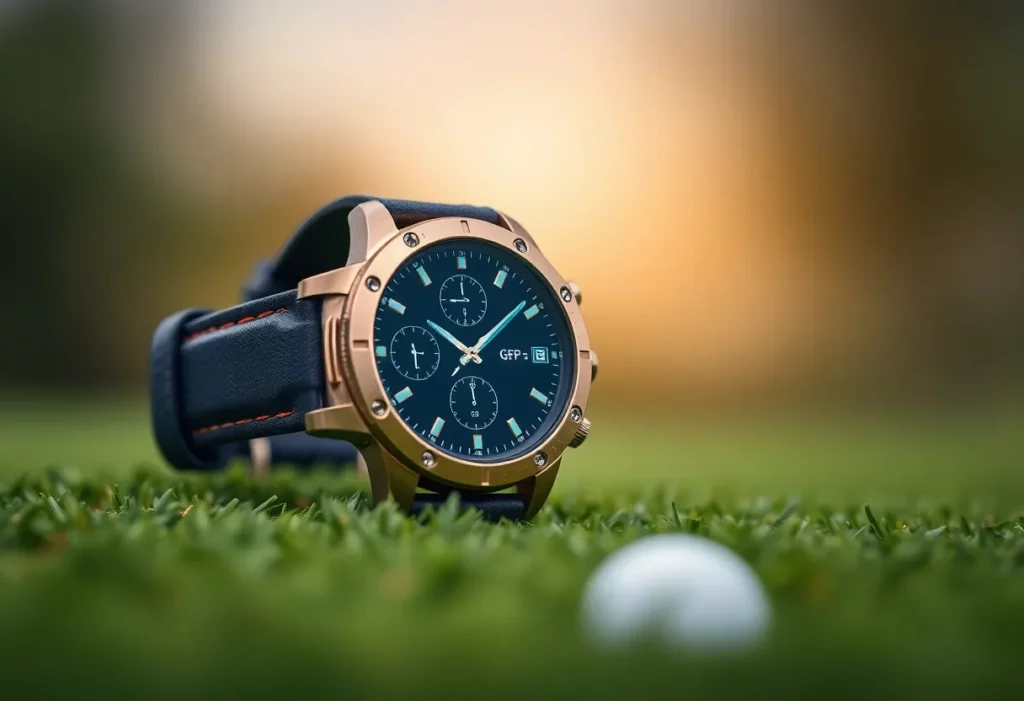 Stylish golf watch with GPS features on a green golf course