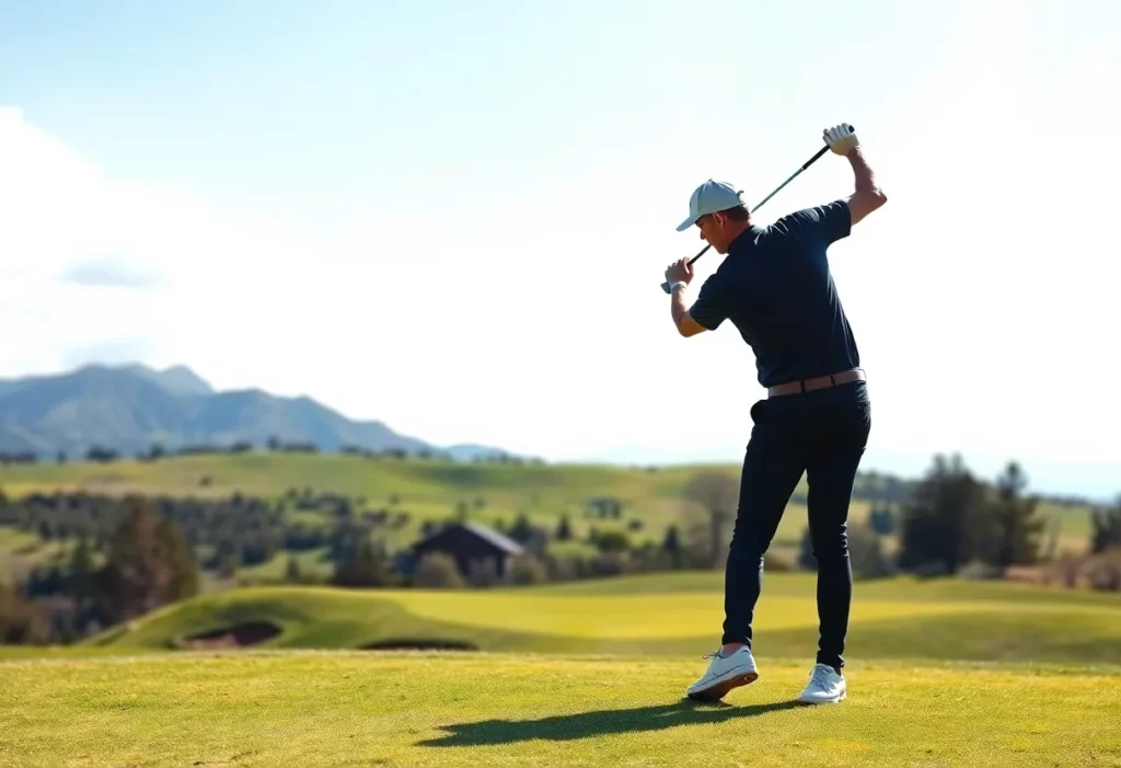 A golfer practicing on a beautiful golf course.