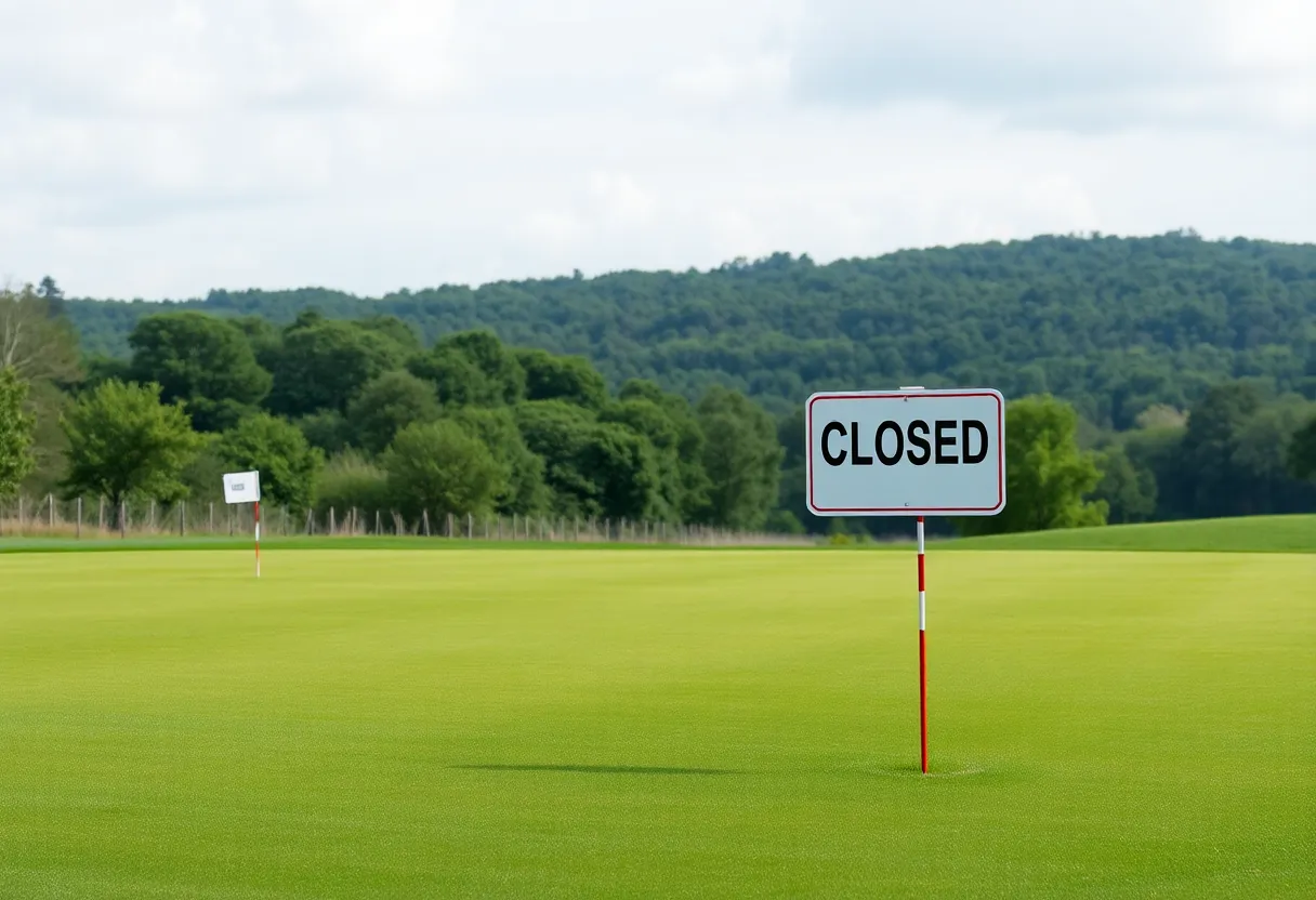 The 18th hole at Holyhead Golf Club with a closed sign.