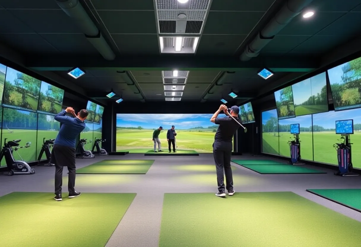 Golfers practicing swings in a modern indoor golf facility